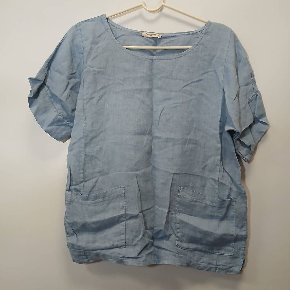 Francesca Bettini Womens medium top100% linen gauzy Italian blue shirt boxy